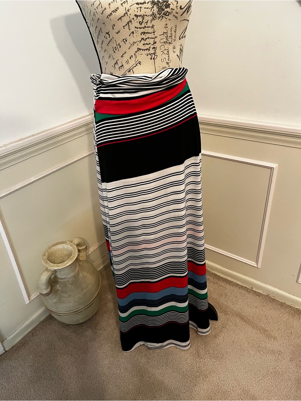 Striped Maxi Skirt in Black, White, Red & Green